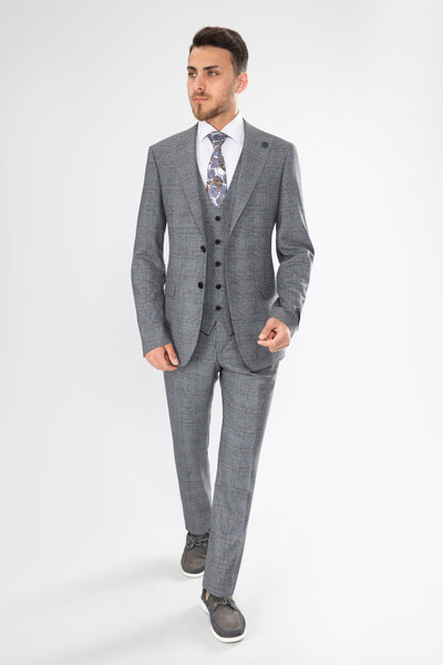 BELFOR - SLIMFIT KARELI YELEKLI BATTAL TAKIM ELBISE LACİVERT BELFOR - SLIMFIT KARELI YELEKLI BATTAL TAKIM ELBISE LACİVERT