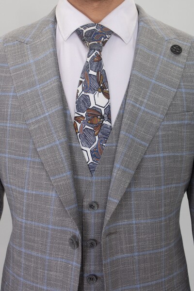 BELFOR - SLIMFIT KARELI YELEKLI TAKIM ELBISE GRİ